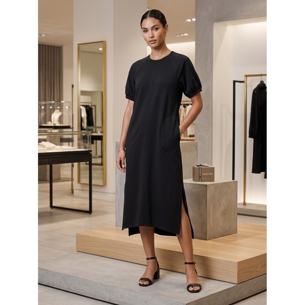 Nordstrom Mixed Media Midi Dress Black Short Puff Sleeve XXS N0479598MI